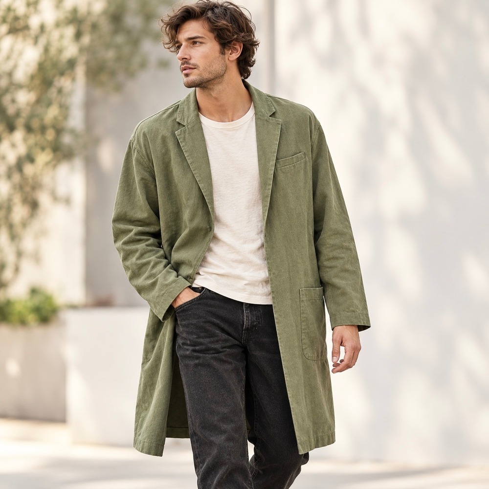 Your Neighbors x Urban Outfitters Mens Linen Duster Coat Olive Green S Utility